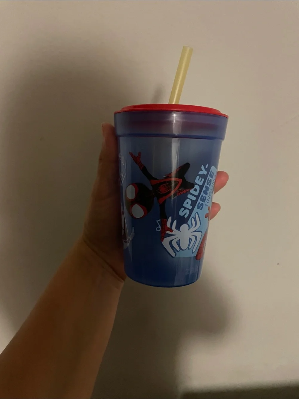 Marvel Spider-Man Blue Cup with Red Lid and Yellow Straw